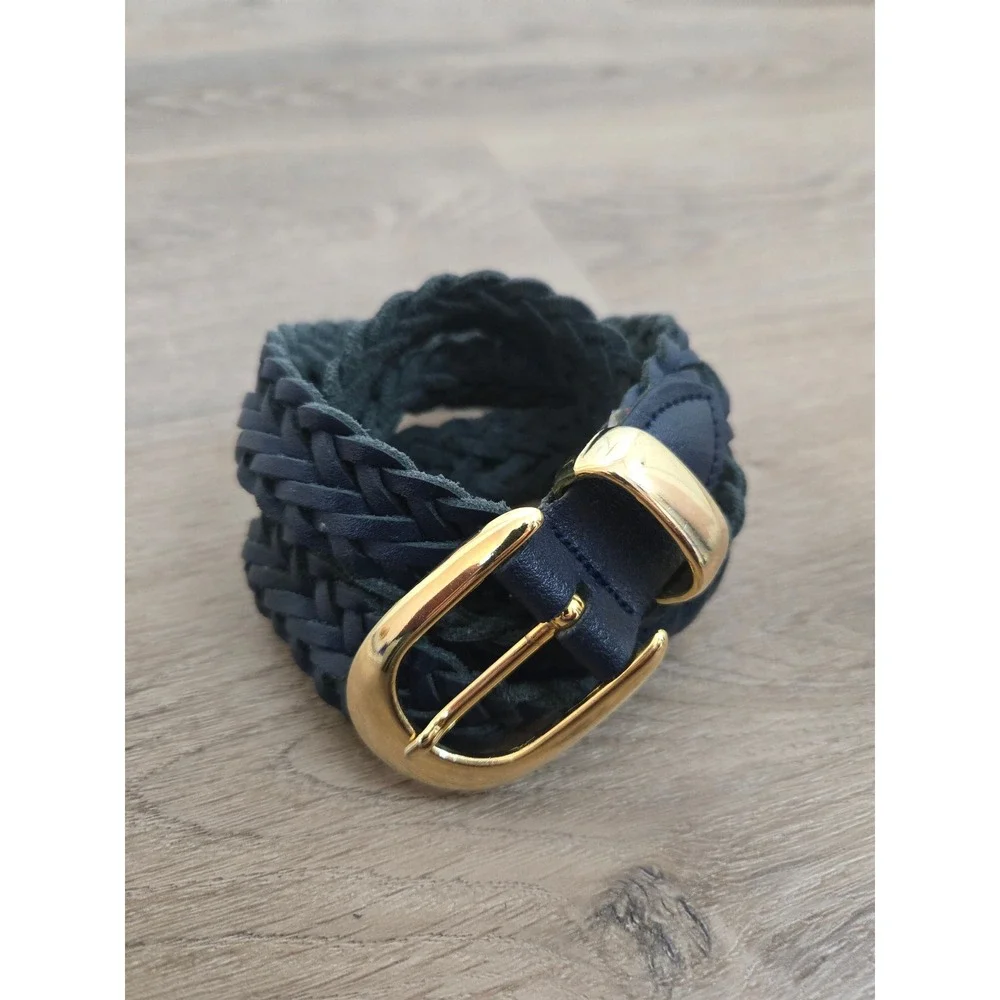 Navy Blue Braided Leather Belt Gold Tone Buckle Woven Classic Women Accessory